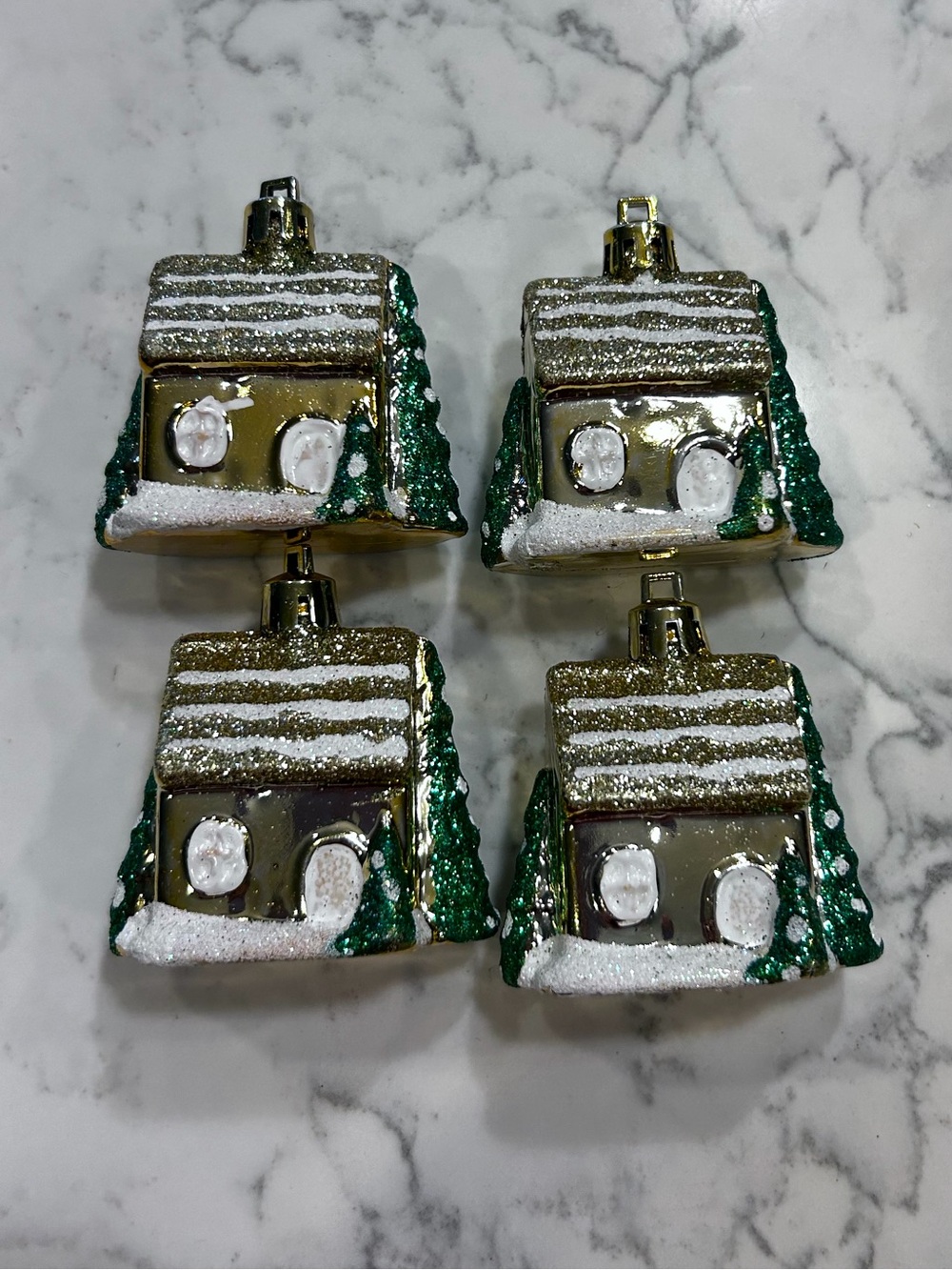 Lot of 4 Vintage Gold Glitter Houses Christmas Tree Ornaments